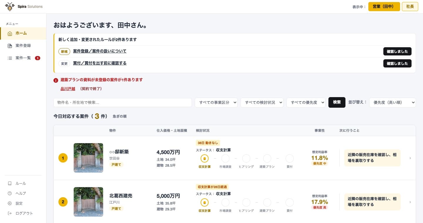 業務一元管理システムの画面(架空データ)